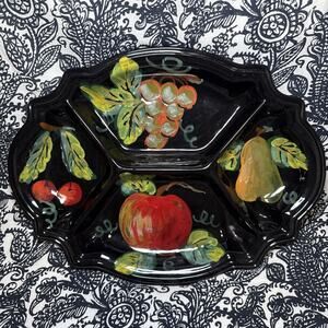 VTG Artimino Tuscan Fruit Divided Serving Tray Hand Painted Italy Black Pottery